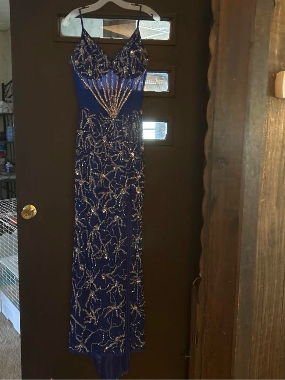 Sparkling Navy Blue Beaded Spaghetti-Strap Prom Dress